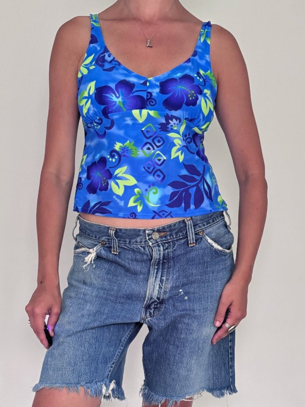 Y2K vintage blue hibiscus floral print vacation cropped cami tankini swim top